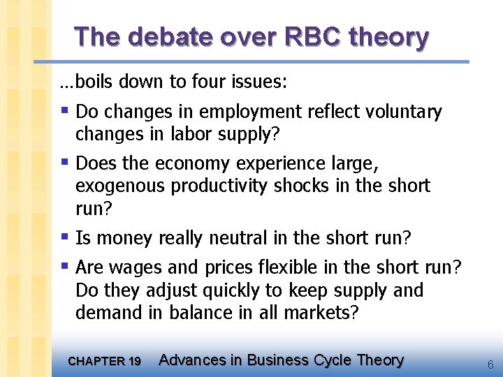The debate over RBC theory …boils down to four issues: § Do changes in