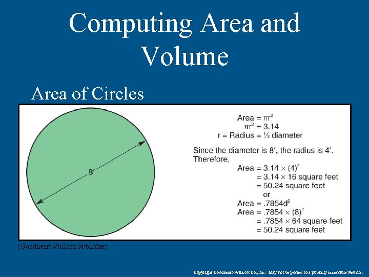 Computing Area and Volume Area of Circles (Goodheart-Willcox Publisher) Copyright Goodheart-Willcox Co. , Inc.