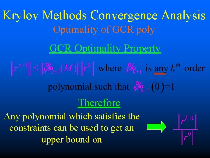 Krylov Methods Convergence Analysis Optimality of GCR poly GCR Optimality Property Therefore Any polynomial