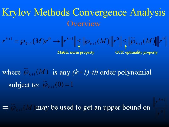 Krylov Methods Convergence Analysis Overview Matrix norm property where GCR optimality property is any