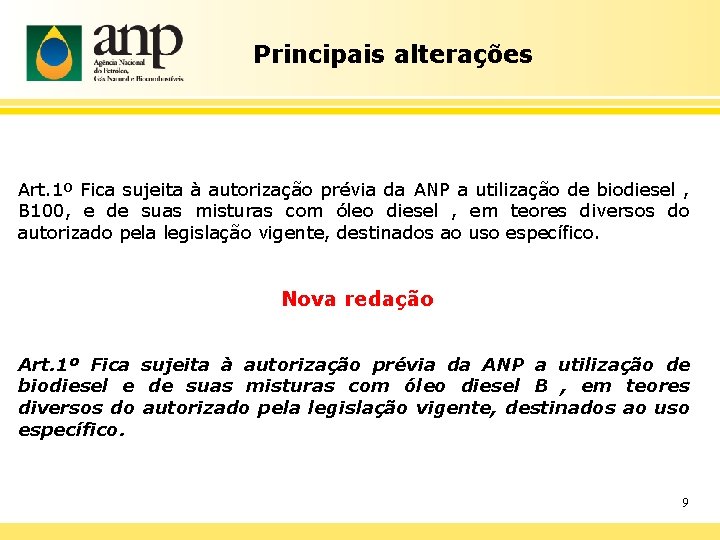 Principais alterações Art. 1º Fica sujeita à autorização prévia da ANP a utilização de