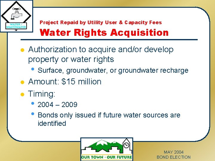 Project Repaid by Utility User & Capacity Fees Water Rights Acquisition l Authorization to