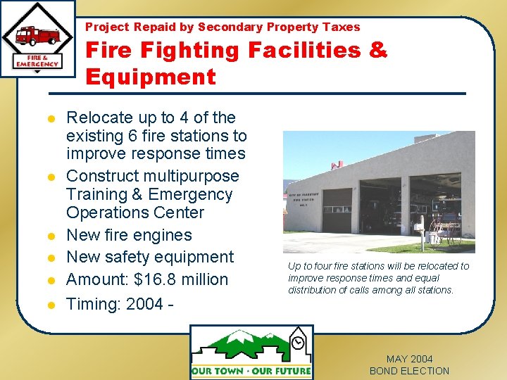 Project Repaid by Secondary Property Taxes Fire Fighting Facilities & Equipment l l l