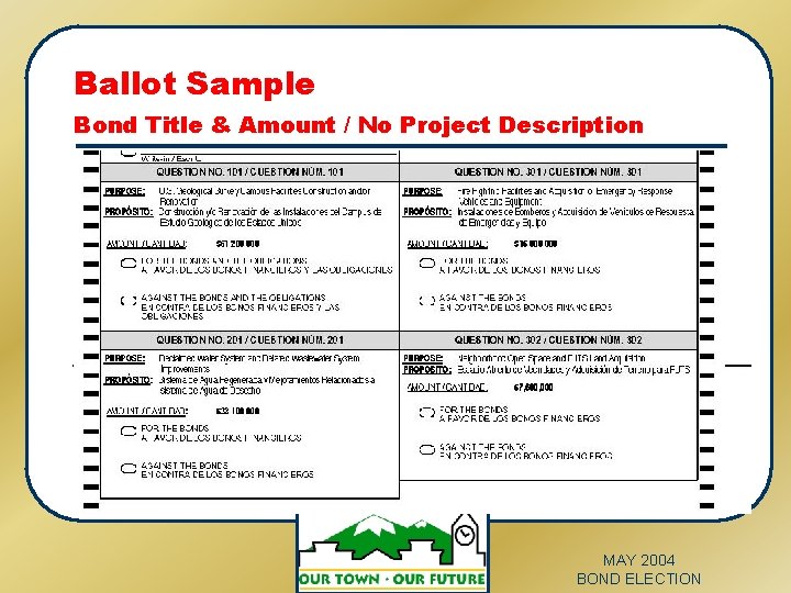 Ballot Sample Bond Title & Amount / No Project Description MAY 2004 BOND ELECTION