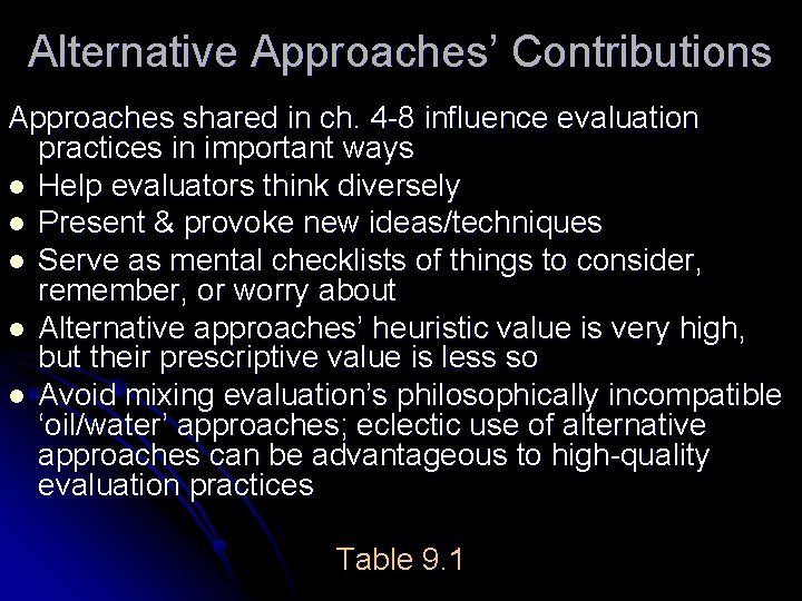 Alternative Approaches’ Contributions Approaches shared in ch. 4 -8 influence evaluation practices in important