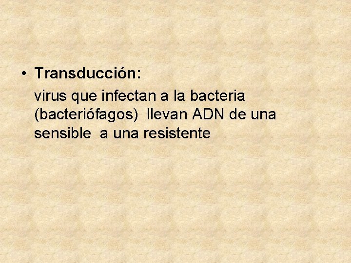  • Transducción: virus que infectan a la bacteria (bacteriófagos) llevan ADN de una