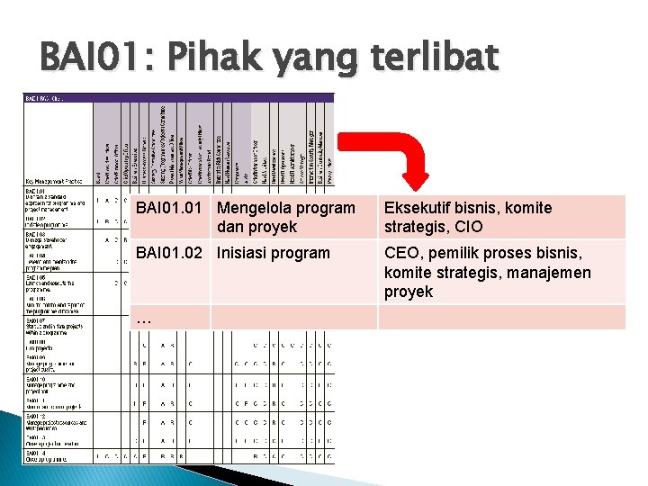 BAI 01: Pihak yang terlibat BAI 01. 01 Mengelola program dan proyek Eksekutif bisnis,