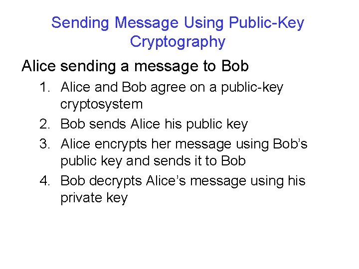 Sending Message Using Public-Key Cryptography Alice sending a message to Bob 1. Alice and