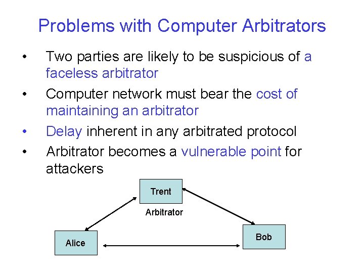 Problems with Computer Arbitrators • • Two parties are likely to be suspicious of