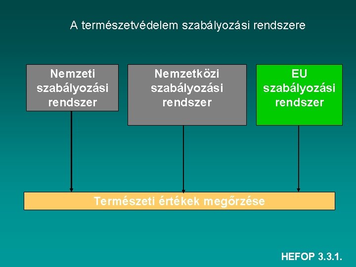 A természetvédelem szabályozási rendszere Nemzeti szabályozási rendszer Nemzetközi szabályozási rendszer EU szabályozási rendszer Természeti