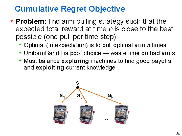 Cumulative Regret Objective h Problem: find arm-pulling strategy such that the expected total reward