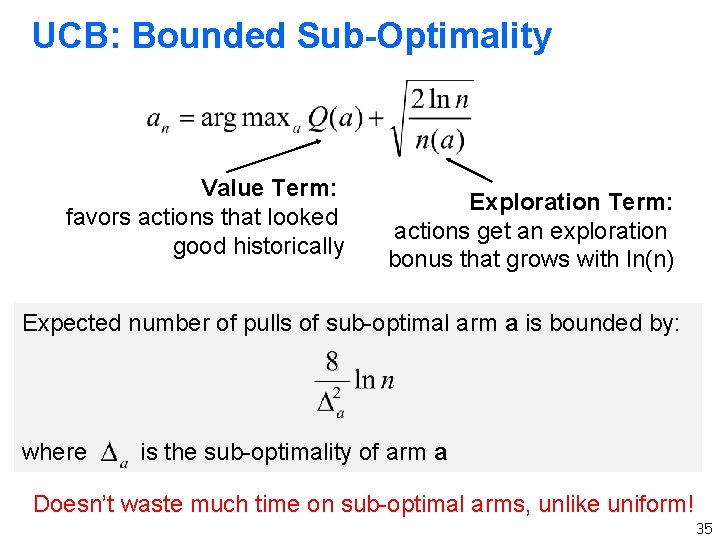 UCB: Bounded Sub-Optimality Value Term: favors actions that looked good historically Exploration Term: actions