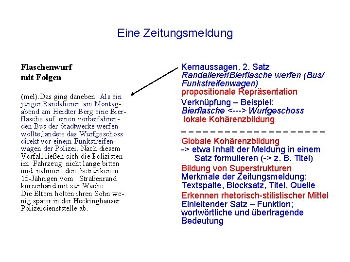 Eine Zeitungsmeldung Flaschenwurf mit Folgen (mel). Das ging daneben: Als ein junger Randalierer am