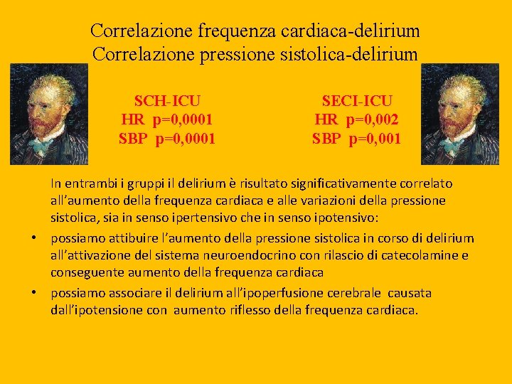 Correlazione frequenza cardiaca-delirium Correlazione pressione sistolica-delirium SCH-ICU HR p=0, 0001 SBP p=0, 0001 SECI-ICU