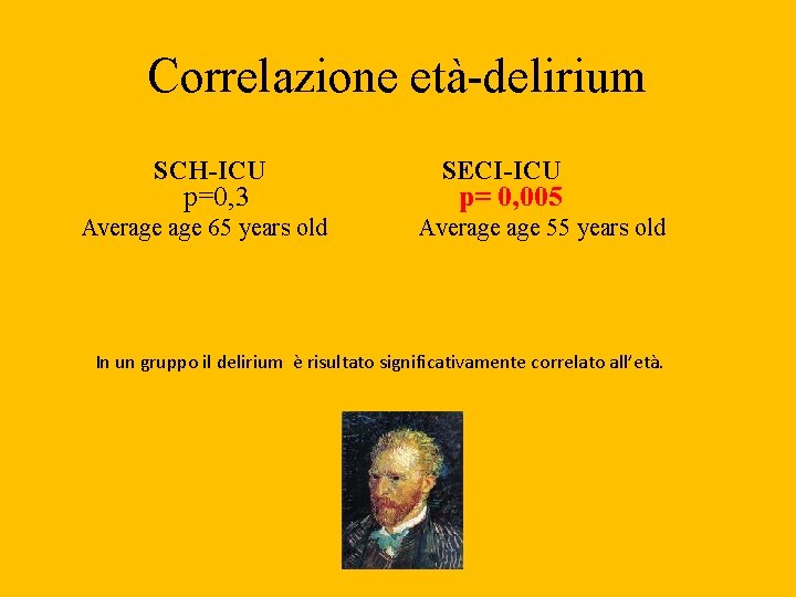 Correlazione età-delirium SCH-ICU p=0, 3 Average 65 years old SECI-ICU p= 0, 005 Average