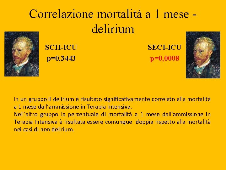 Correlazione mortalità a 1 mese delirium SCH-ICU p=0, 3443 SECI-ICU p=0, 0008 In un