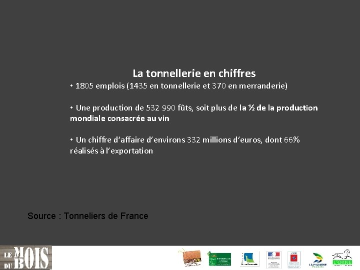 La tonnellerie en chiffres • 1805 emplois (1435 en tonnellerie et 370 en merranderie)
