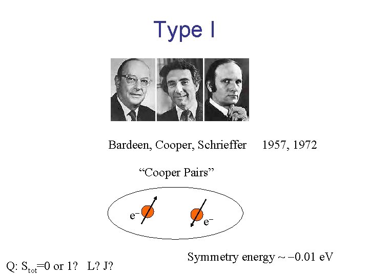 Type I Bardeen, Cooper, Schrieffer 1957, 1972 “Cooper Pairs” e- Q: Stot=0 or 1?
