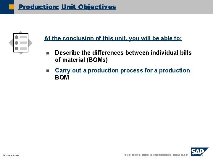 Production: Unit Objectives At the conclusion of this unit, you will be able to: