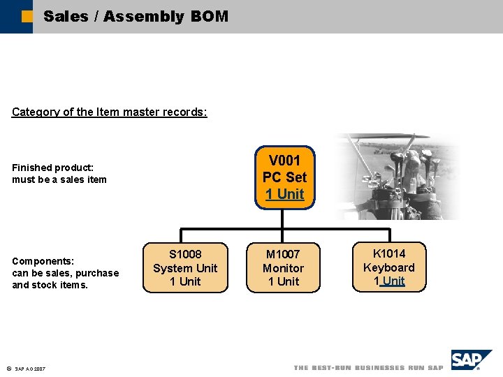 Sales / Assembly BOM Category of the Item master records: V 001 PC Set