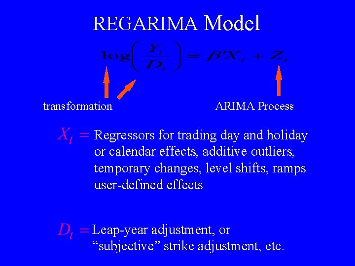 REGARIMA Model transformation ARIMA Process Regressors for trading day and holiday or calendar effects,