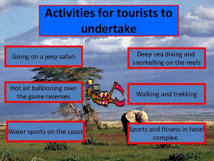 Activities for tourists to undertake Going on a jeep safari Deep sea diving and