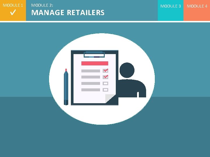 MODULE 1 MODULE 2: MANAGE RETAILERS MODULE 3 MODULE 4 