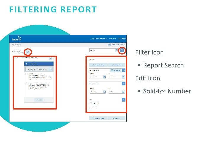 FILTERING REPORT Filter icon • Report Search Edit icon • Sold-to: Number 