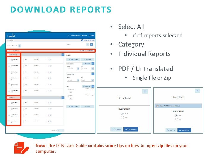 DOWNLOAD REPORTS • Select All • # of reports selected • Category • Individual