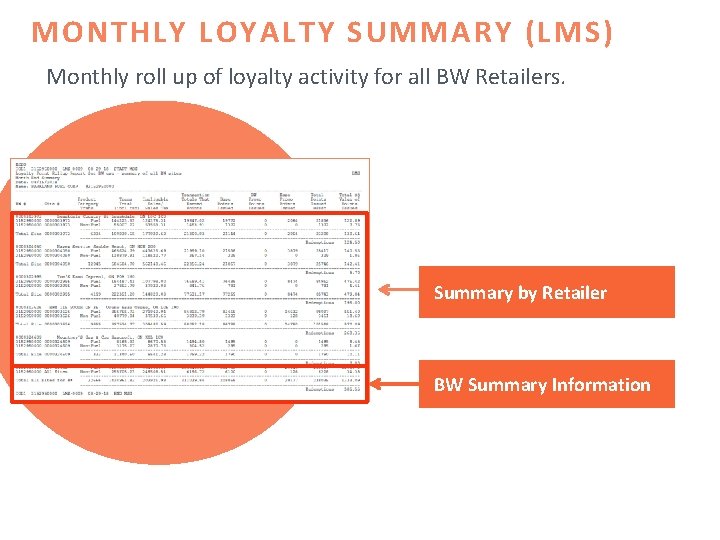 MONTHLY LOYALTY SUMMARY (LMS) Monthly roll up of loyalty activity for all BW Retailers.