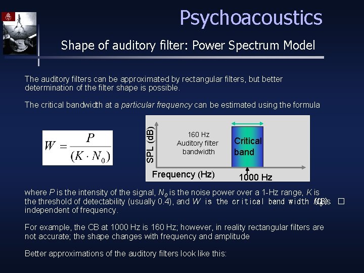 Psychoacoustics Shape of auditory filter: Power Spectrum Model The auditory filters can be approximated