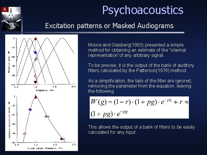Psychoacoustics Excitation patterns or Masked Audiograms Moore and Glasberg(1983) presented a simple method for