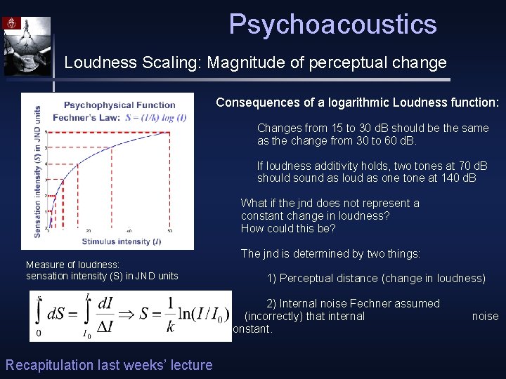Psychoacoustics Loudness Scaling: Magnitude of perceptual change Consequences of a logarithmic Loudness function: Changes