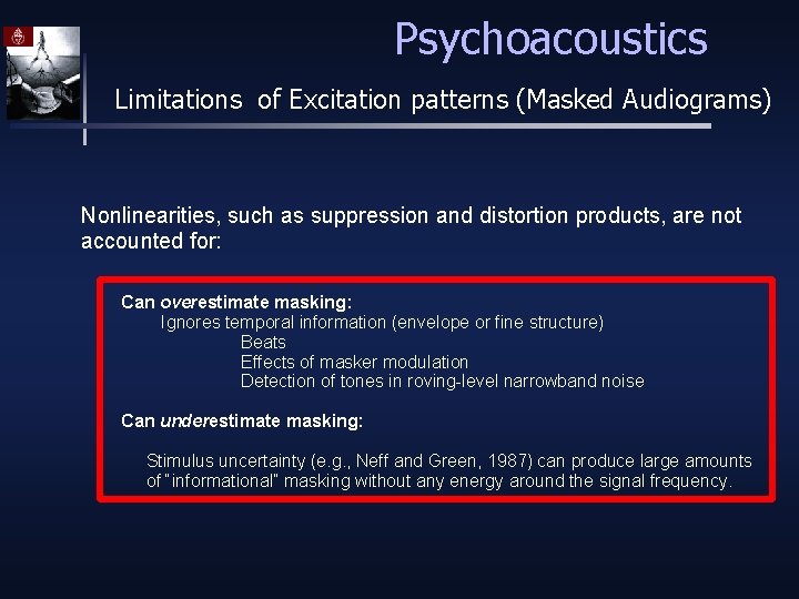 Psychoacoustics Limitations of Excitation patterns (Masked Audiograms) Nonlinearities, such as suppression and distortion products,