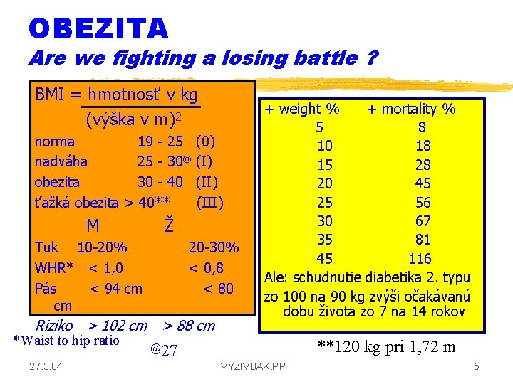 OBEZITA Are we fighting a losing battle ? BMI = hmotnosť v kg (výška
