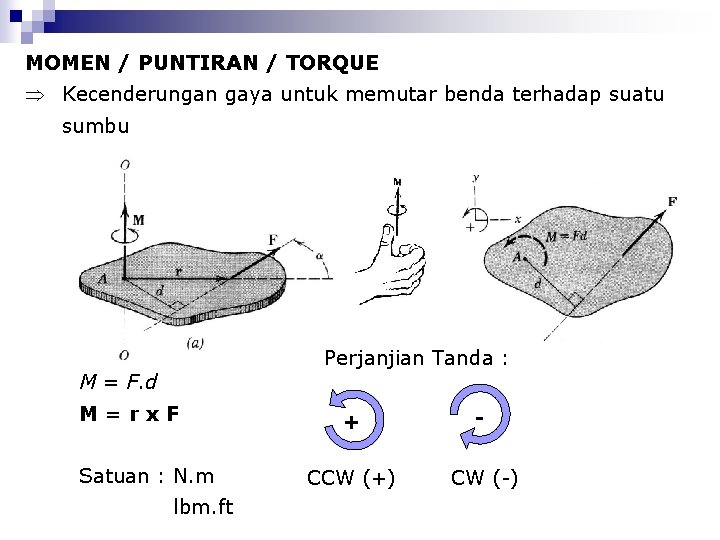 MOMEN / PUNTIRAN / TORQUE Kecenderungan gaya untuk memutar benda terhadap suatu sumbu Perjanjian