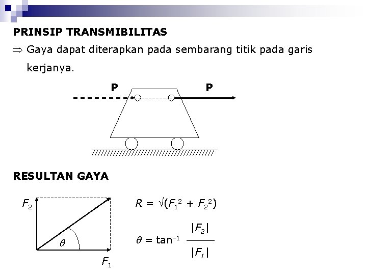 PRINSIP TRANSMIBILITAS Gaya dapat diterapkan pada sembarang titik pada garis kerjanya. P P RESULTAN