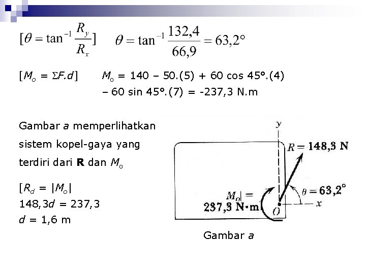 [Mo = F. d] Mo = 140 – 50. (5) + 60 cos 45°.