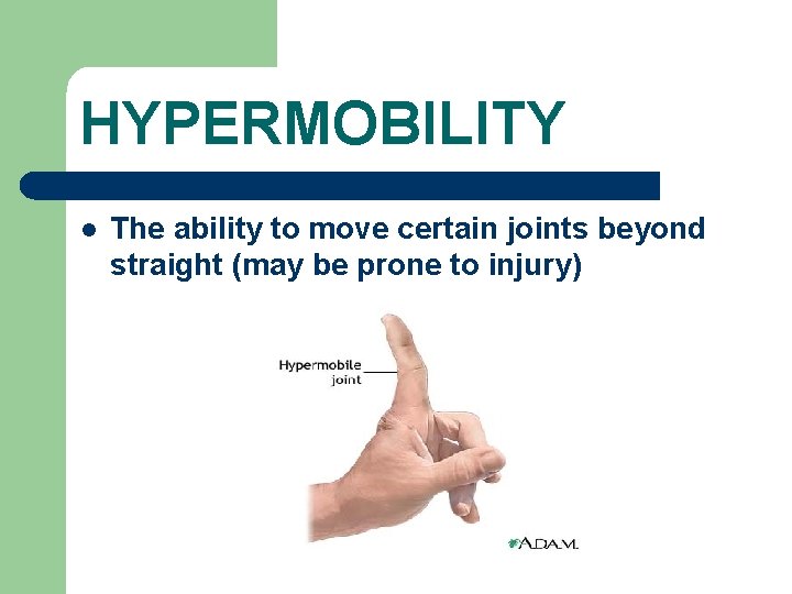 HYPERMOBILITY l The ability to move certain joints beyond straight (may be prone to