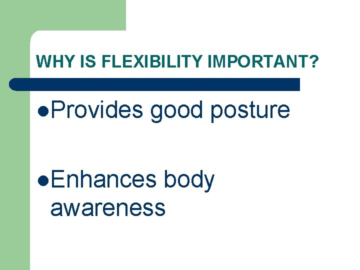 WHY IS FLEXIBILITY IMPORTANT? l. Provides good posture l. Enhances body awareness 