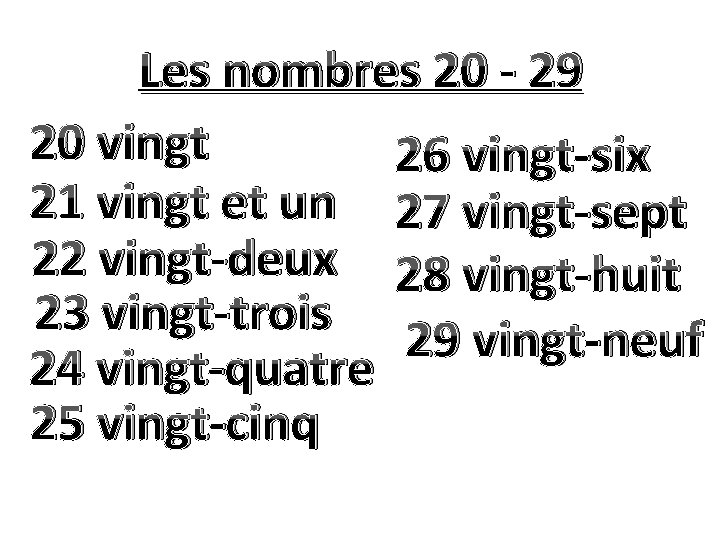 Les nombres 20 - 29 20 vingt 26 vingt-six 21 vingt et un 27