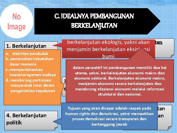 C. IDEALNYA PEMBANGUNAN BERKELANJUTAN 1. Berkelanjutan a. stabilitas penduduk ekologis b. pemenuhan kebutuhan dasar