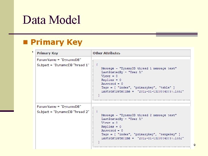 Data Model n Primary Key • Design consideration • don’t support cross-table joins. •