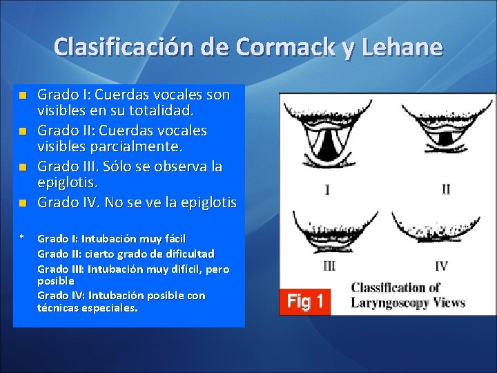 Clasificación de Cormack y Lehane n n Grado I: Cuerdas vocales son visibles en Clasificación de Cormack y Lehane n n Grado I: Cuerdas vocales son visibles en