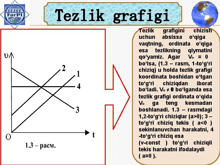 Tezlik grafigini chizish uchun absissa o‘qiga vaqtning, ordinata o‘qiga esa tezlikning qiymatini qo‘yamiz. Agar