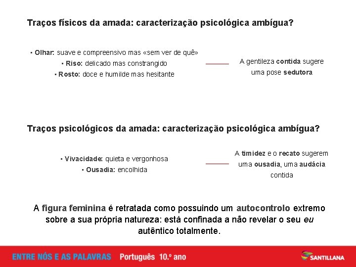 Traços físicos da amada: caracterização psicológica ambígua? • Olhar: suave e compreensivo mas «sem