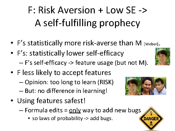 F: Risk Aversion + Low SE -> A self-fulfilling prophecy • F’s statistically more