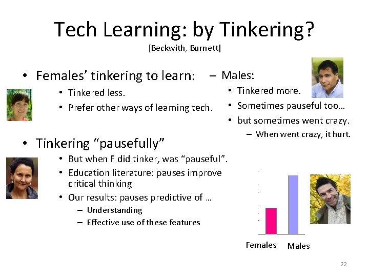 Tech Learning: by Tinkering? [Beckwith, Burnett] • Females’ tinkering to learn: – Males: •