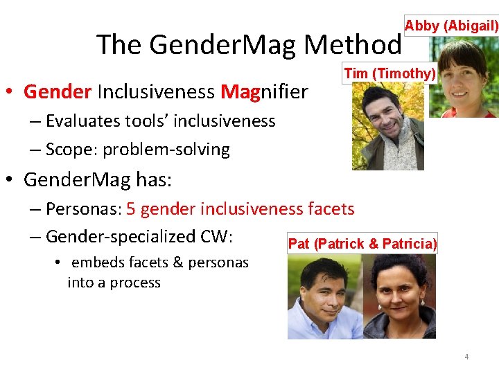 The Gender. Mag Method • Gender Inclusiveness Magnifier Abby (Abigail) Tim (Timothy) – Evaluates