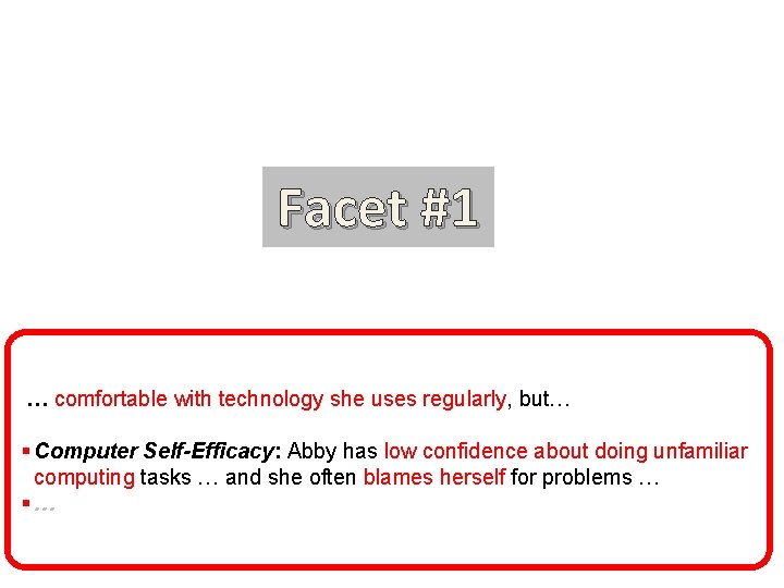abby-Self-Efficacy Facet #1 … comfortable with technology she uses regularly, but… § Computer Self-Efficacy: